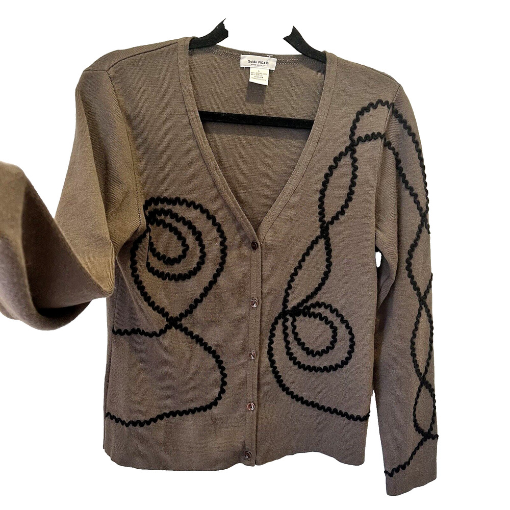 Guido Pisani Cardigan Womens SZ L Brown Taupe Wool Blend Artsy Ric Rac Italy